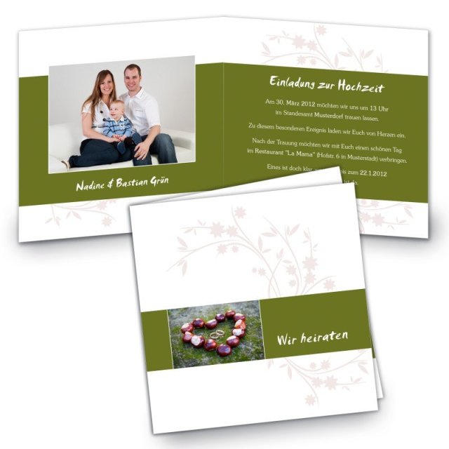 Klappkarte Hochzeit Einladungskarte quadratisch 125 mm + 210 mm Nadine und Bastian