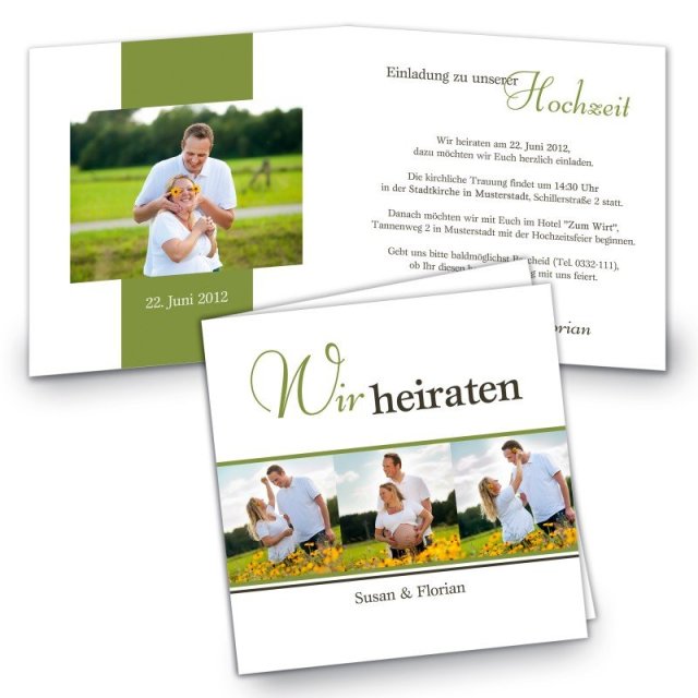 Klappkarte Hochzeit Einladungskarte quadratisch 125 mm + 210 mm Susan & Florian