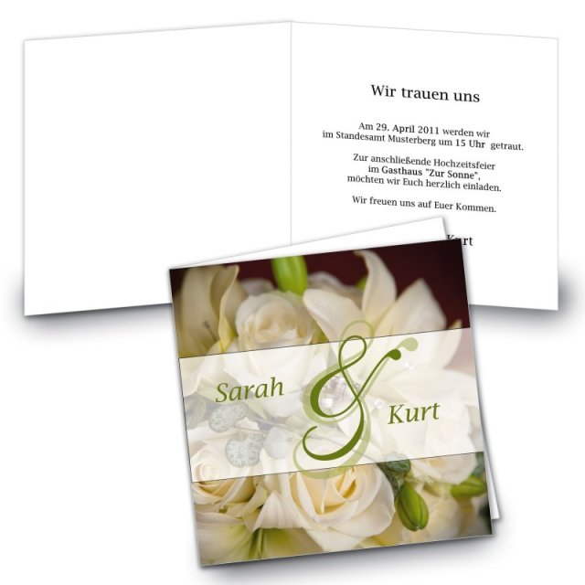 Klappkarte Hochzeit Einladungskarte quadratisch 125 mm + 210 mm Sarah & Kurt
