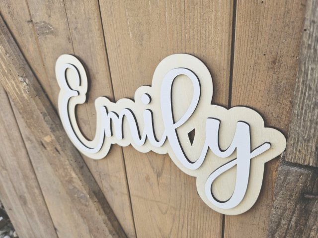 Namensschild Schriftzug mit Kontur "Emily" aus Holz und weißem Furnier