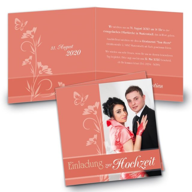 Klappkarte Hochzeit Einladungskarte quadratisch 125 mm + 210 mm Sarah & Sebastian