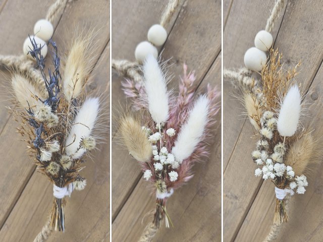 Namensschild "Marie" aus Holz mit Jute-Hoop und Trockenblumen