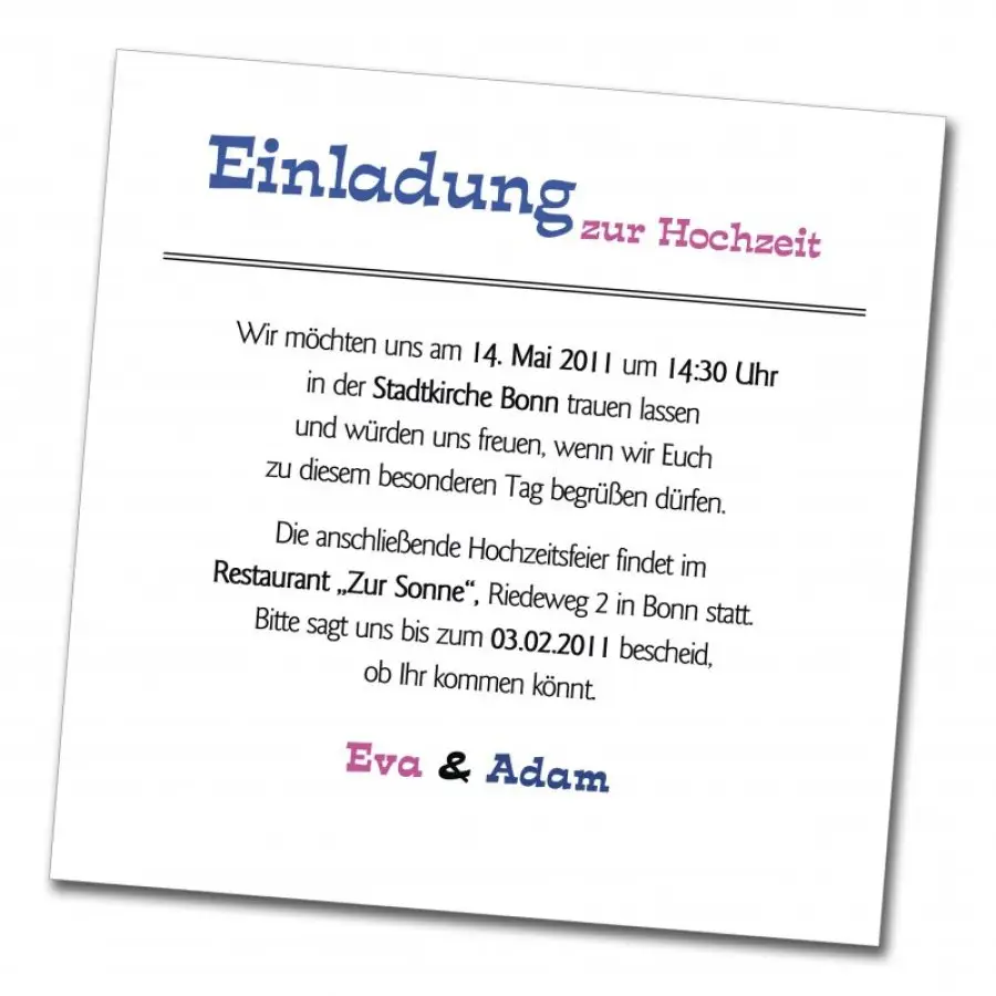 Hochzeit Einladungskarte quadratisch 125 + 210 Adam & Eva