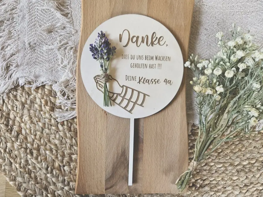 Blumenstecker Cake Topper "Danke 1" Lasergravur aus Holz