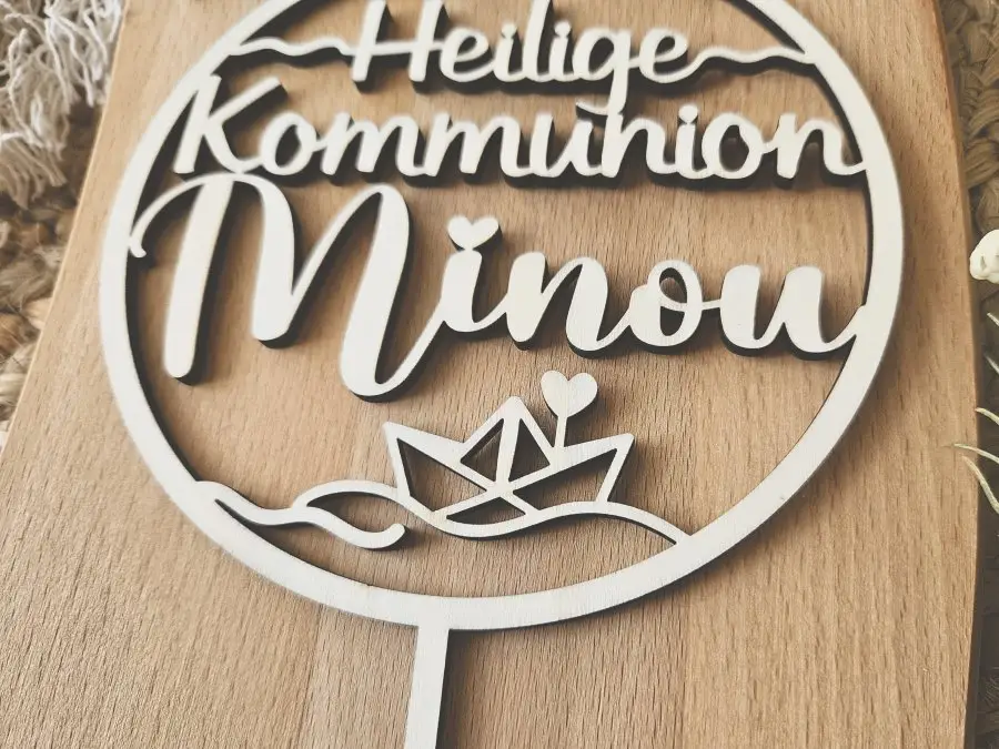 Cake Topper Schriftzug "Kommunion 4" Lasercut aus Holz