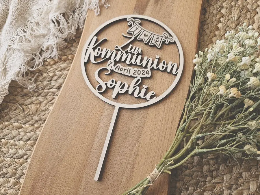 Cake Topper Schriftzug "Kommunion 2" Lasercut aus Holz