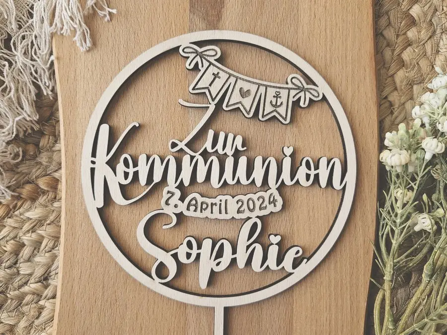 Cake Topper Schriftzug "Kommunion 2" Lasercut aus Holz