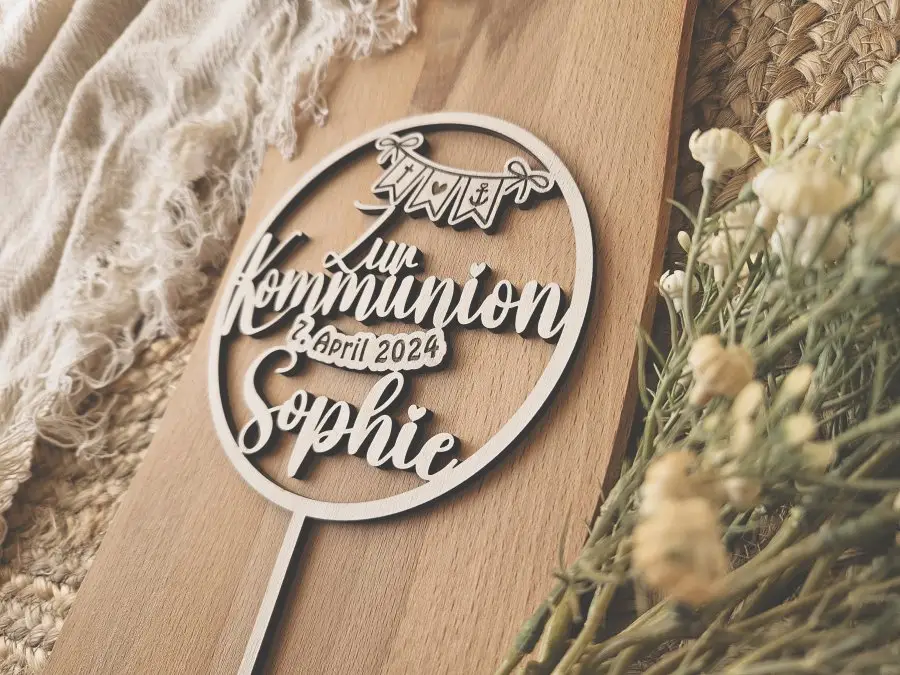 Cake Topper Schriftzug "Kommunion 2" Lasercut aus Holz