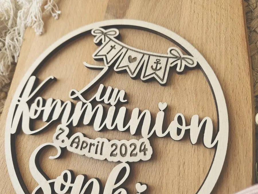 Cake Topper Schriftzug "Kommunion 2" Lasercut aus Holz