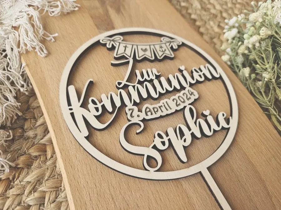 Cake Topper Schriftzug "Kommunion 2" Lasercut aus Holz