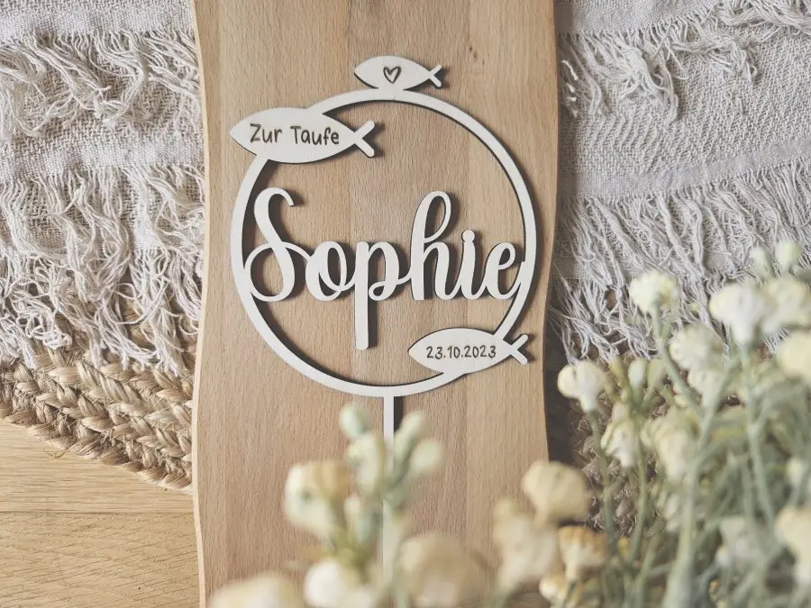 Cake Topper Schriftzug "Taufe 4" Lasercut aus Holz