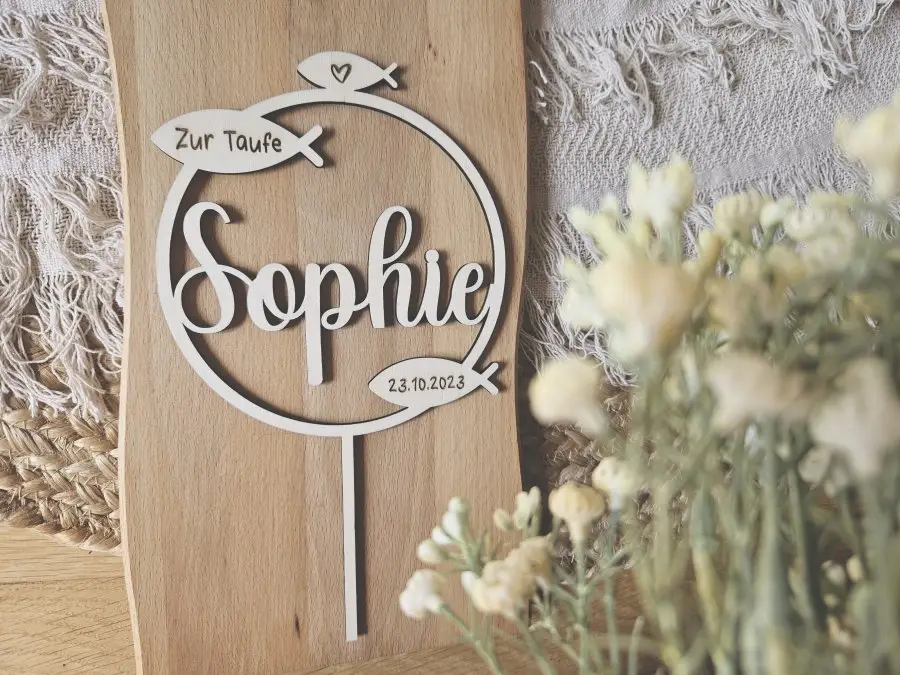 Cake Topper Schriftzug "Taufe 4" Lasercut aus Holz