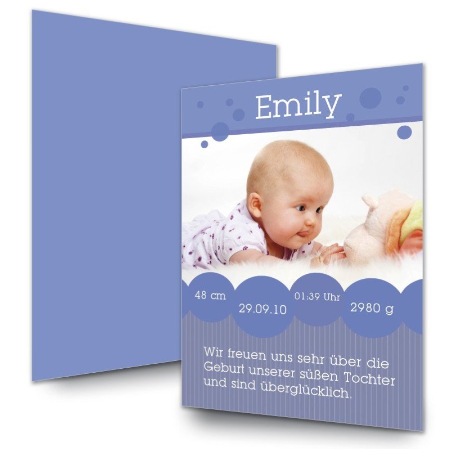 Geburtskarte Babykarte DIN A6 A5 hoch Emily blau