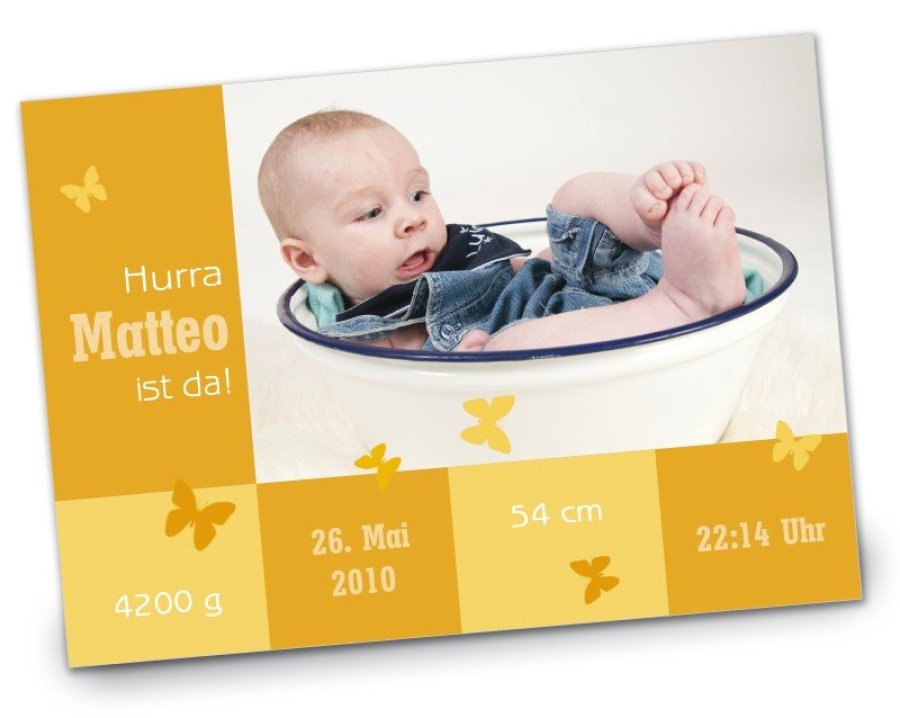 Geburtskarte Babykarte DIN A6 A5 quer Matteo gelb