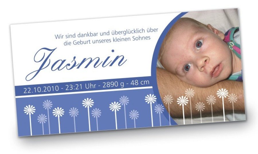 Geburtskarte Babykarte DIN Lang quer Jasmin blau