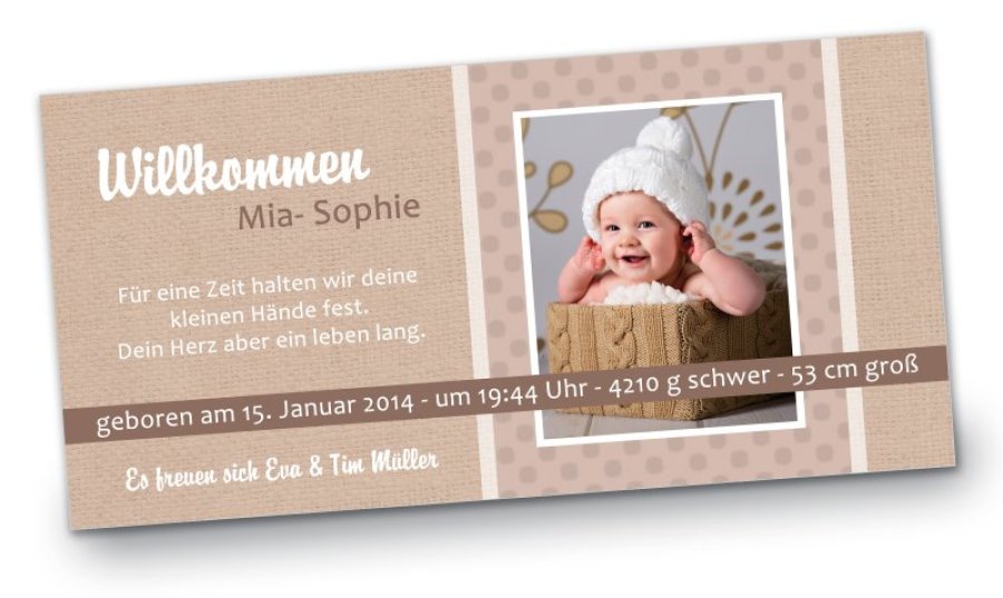 Geburtskarte Babykarte DIN Lang quer Mia-Sophie braun beige