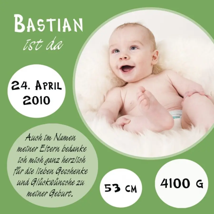 Geburtskarte Babykarte quadratisch 125 mm 210 Bastian gruen