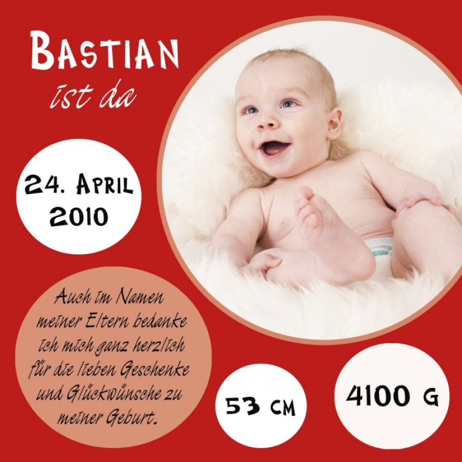 Geburtskarte Babykarte quadratisch 125 mm 210 Bastian rot