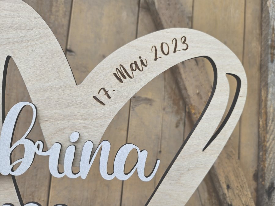 Namensschild Schriftzug Lasercut "Herz zur Hochzeit 1" mit Brautpaar Namen